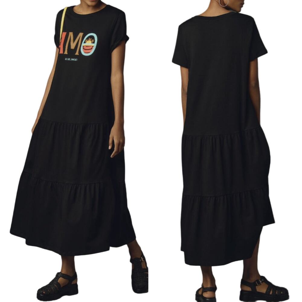 Farm Rio Anthropologie Short Sleeve Tiered T-Shirt Oversized Midi Dress Black S